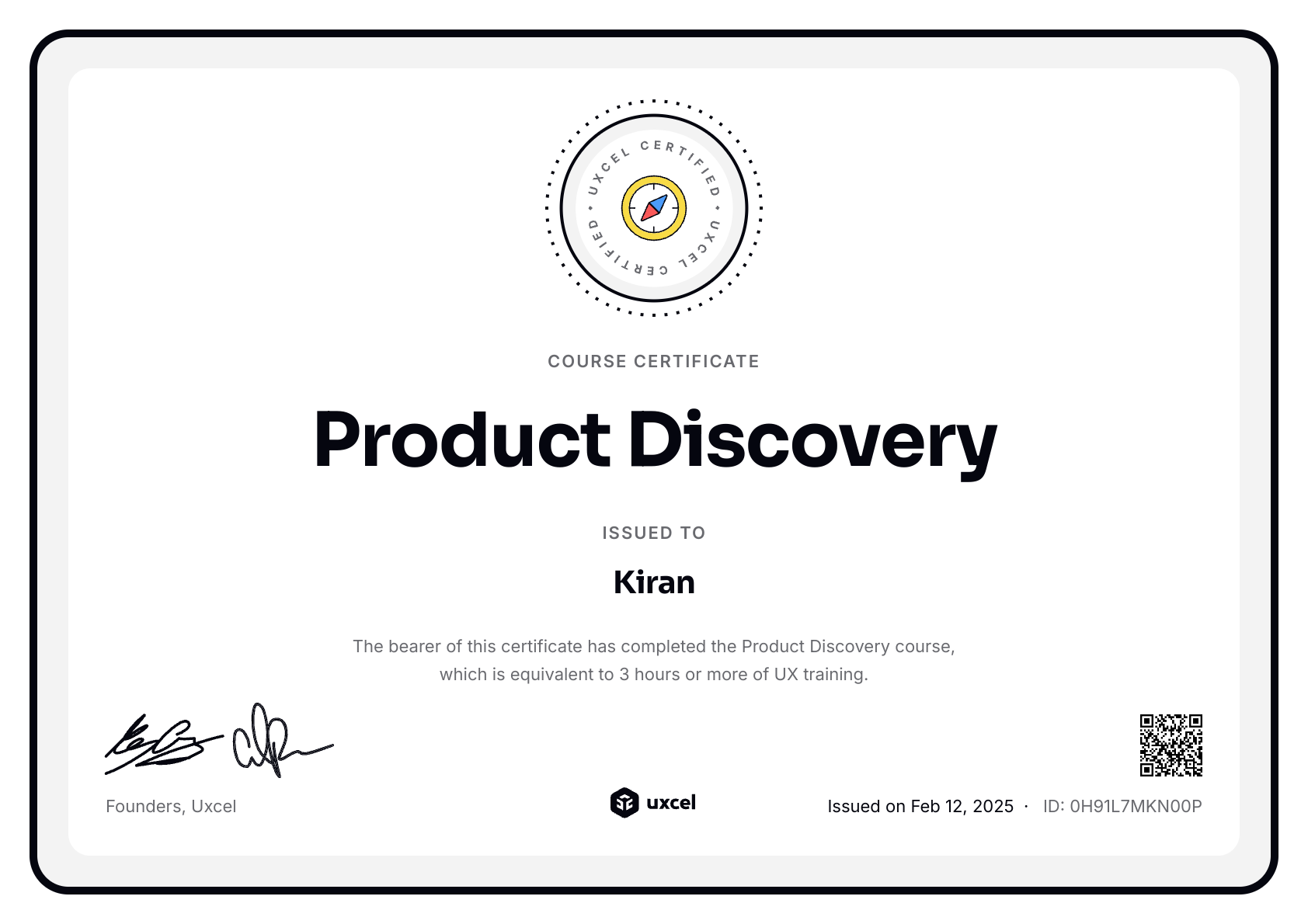 Kiran's certificate